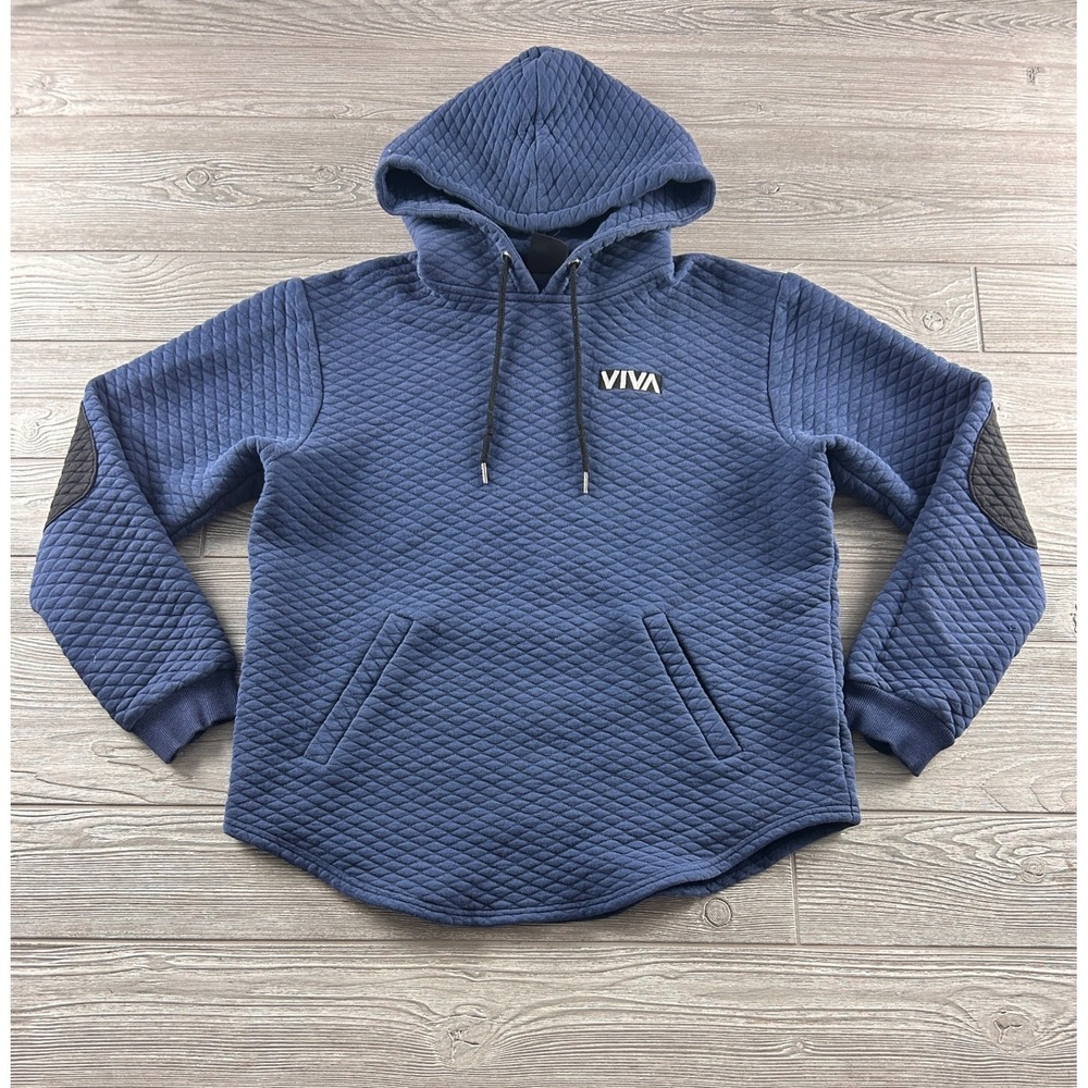 Barstool Sports Viva Men L Quilted Hoodie Navy Blue Elbow Patches Pullover 578